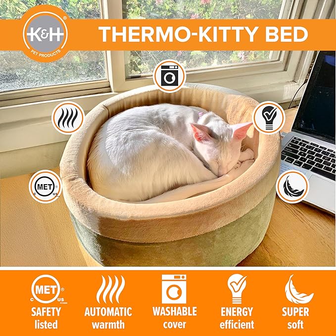 K&H Pet Products Thermo-Kitty Bed Heated Cat Beds for Indoor Cats & Dogs, Calming Warming Pillow Pet Bed, Machine Washable, Removable Heater, Safety Listed - Small 16" Round Sage/Tan