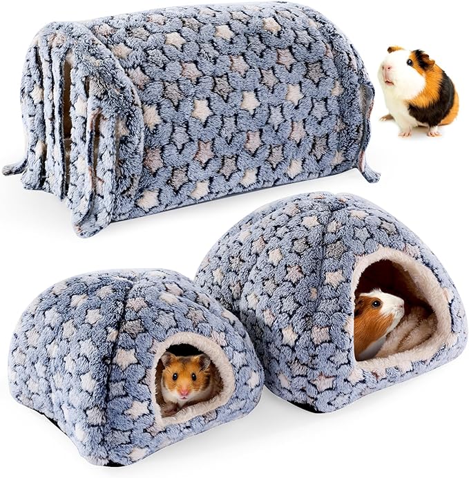 MABOZOO 3 Pack Guinea Pig House Accessories, Washable 2 Guinea Pig House and Hideout Tunnel with Curtains, Chinchilla Hideout for Hamster, Rabbit, Bunny, Chinchillas (Blue-Star)