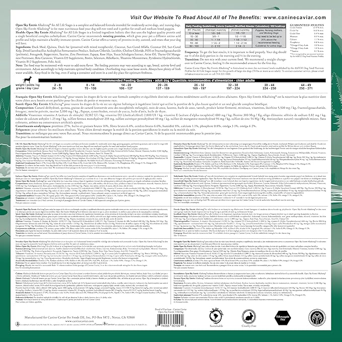 Canine Caviar - Open Sky: Duck & Teff Alkaline Dry Dog Food, Limited Ingredients, Gluten-Free, Based on Science & Research, Veterinary Alternative Diet (11 Pound Bag)