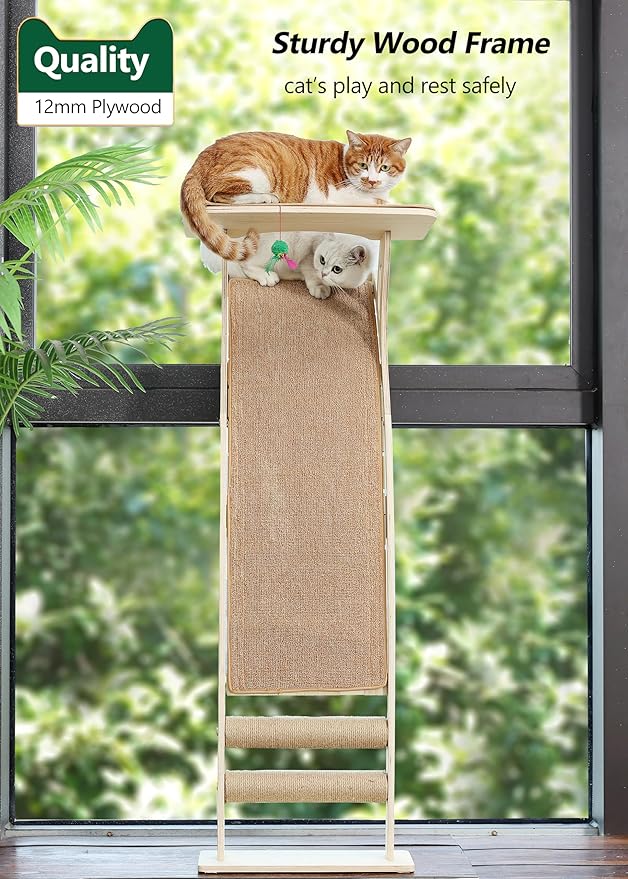 Cat Window Perch with Scratcher Ramp, 48" Climbing Tree Suctions Cups to Window Maximum Hold Up to 45lb, Wood Kitty Bed for Small Window