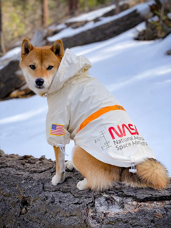 ChoChoCho NASA Dog Rain Jacket, Reflective Water Proof Jacket, Cat & Puppy Stylish Streetwear Outfit - White, L (Medium)