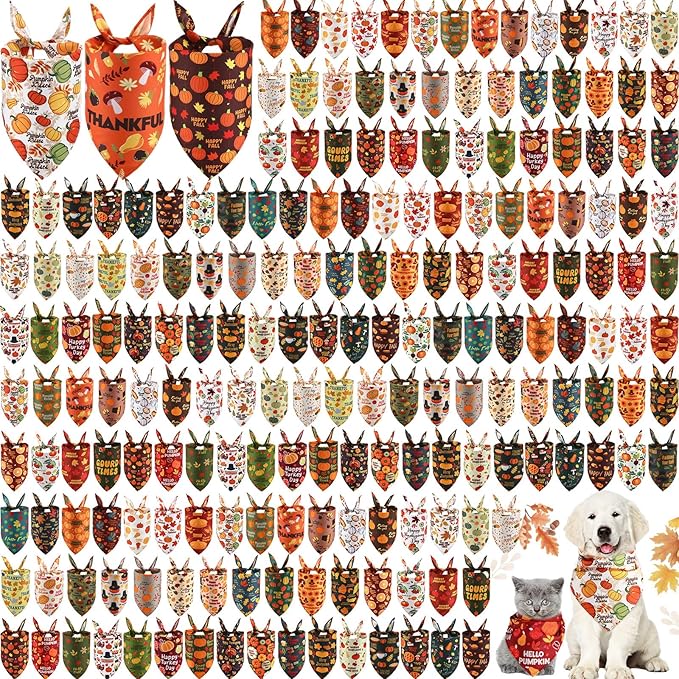 Kacctyen 200 Pcs Fall Dog Bandanas Bulk Thanksgiving Scarfs Adjustable Washable Pet Bibs Holiday Pet Costume Accessories for Small Medium Large Dogs Cats Grooming Supplies