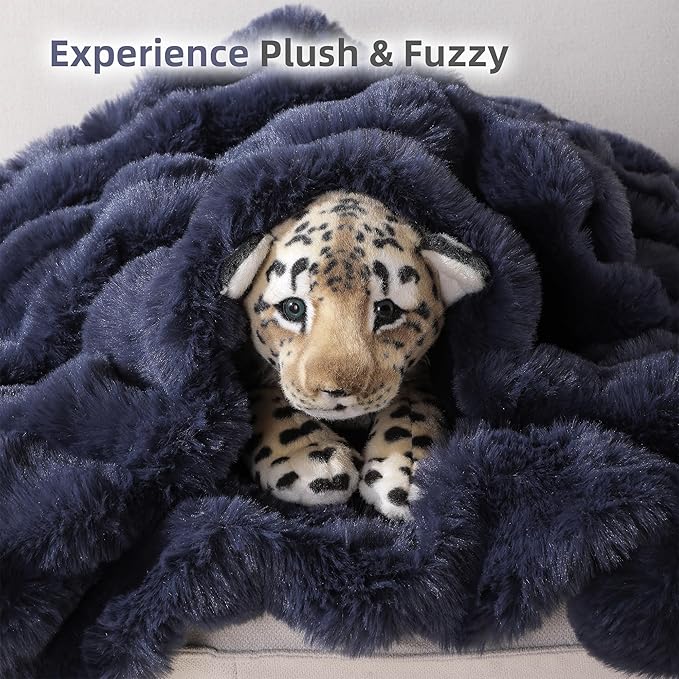 Smoofy Faux Fur Throw Blanket for Couch – Navy Blue Fluffy Cozy Rabbit Fleece, Plush Soft Bubble Blanket for Sofa & Bed, for Mom, Warm Fuzzy Home Room Decor Throw 50" x 60"