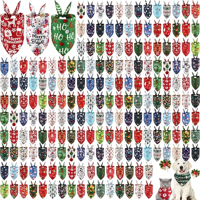 Kacctyen 200 Pcs Christmas Dog Bandana Bulk for Groomers Winter Holiday Triangle Bandanas with Christmas Patterns Soft and Adjustable Kerchief Scarf for Small Medium Large Dogs Cats Pets Grooming