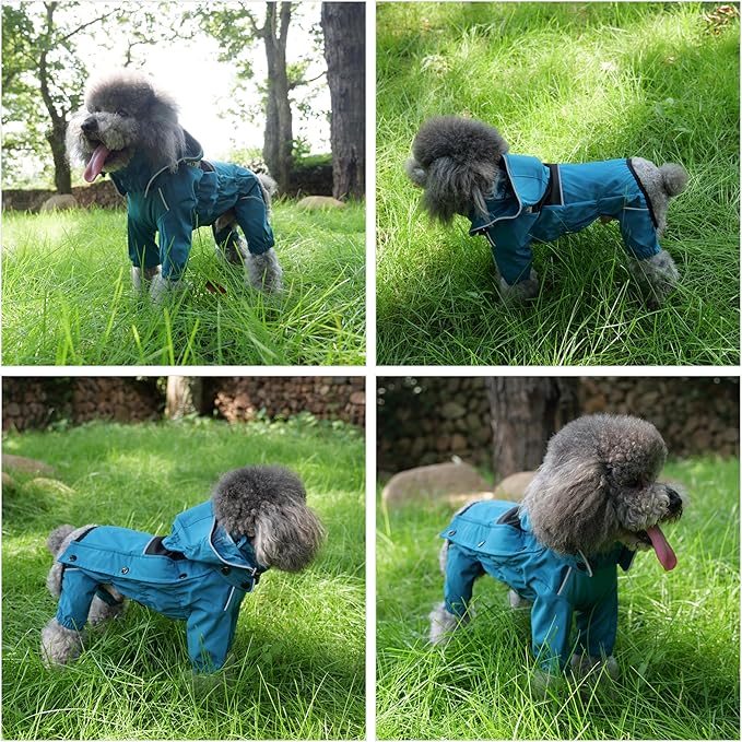 LOVELONGLONG Waterproof Dog Raincoat with Removable Hood – Outdoor Full Body Dog Jacket, Windproof Snowproof Shell Suit – All Season Pet Rain Gear Ocean Teal 3XL