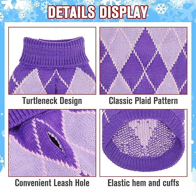 KOOLTAIL Small Dog Sweater, Knit Turtleneck Cold Weather Dog Sweaters for Medium Large Dogs,Soft Diamond Plaid Pullover Knitwear Pet Winter Warm Clothes,Pet Coat Puppy Sweater for Girls Boys,Purple M
