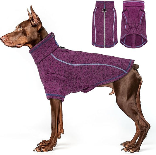 cyeollo Warm Dog Sweater with Zipper, Doggy Reflective Highneck Jackets with D Ring Step in Dog Winter Coats Fleece Female Stretchy Dogs Sweaters Pet Clothes for Medium to Large Dogs, Purple 2XL