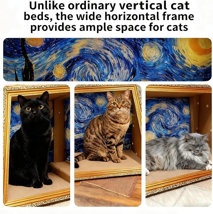 Horizontal Oil Painting Cat Scratcher & Bed - Durable Art Frame with Replaceable Art, Cat House for Indoor Cats Simple-Assembled Bed Couch Cave Condo Home Decoration(Starry Night & Gold Mountain)
