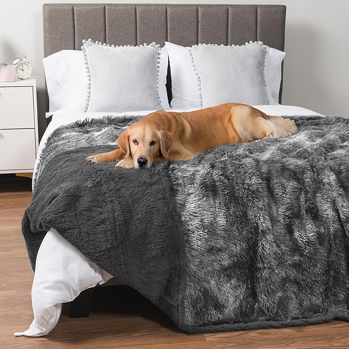 PetAmi Waterproof Dog Blanket for Large Dog, Calming Pet Blanket Bed Couch Cover Protector, Washable Sherpa Faux Fur Throw for Sofa Furniture Protection, Soft Fluffy 60x80 Tie-Dye Gray