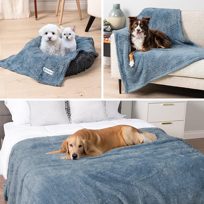 PetAmi Fluffy Waterproof Dog Blanket for Bed Large Dogs, Soft Warm Pet Sherpa Throw Pee Proof Couch Cover, Reversible Cat Blanket Sofa Crate Kennel Protector, Washable Mat Queen (Dusty Blue, 90x90)