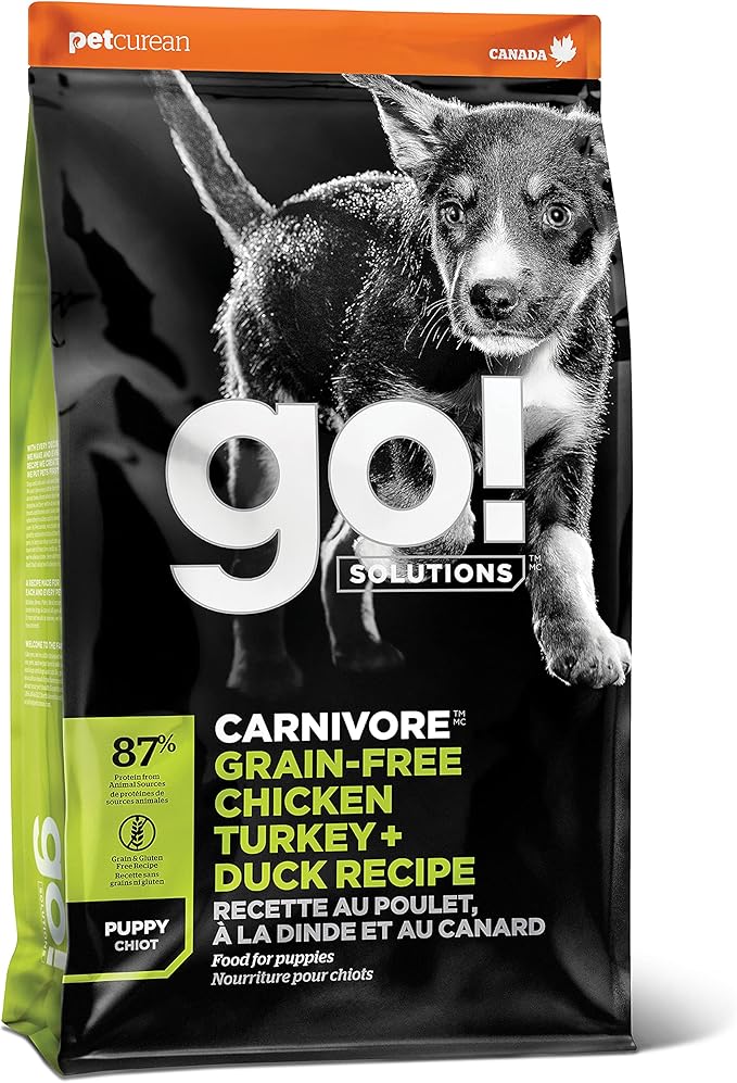 Go! Solutions Carnivore, Grain-Free, Protein Rich Dry Dog Food, Chicken, Turkey and Duck Puppy Recipe, Small Kibble, 12 lb Bag