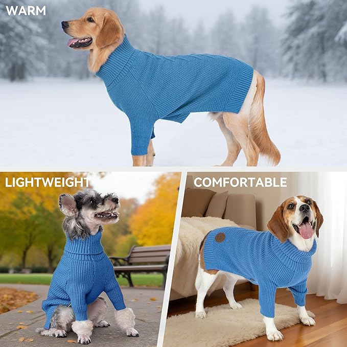 cyeollo Dog Sweaters for Medium Dogs Boy, Stretchy Warm Turtleneck Doggy Clothes for Fall Winter, Thermal Knit Pet Apparel with Sleeves, Blue XL