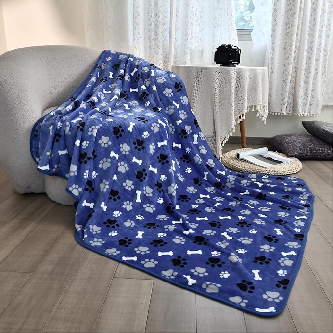 Waterproof Dog Blanket, Pattern Printing Super Soft Warm Fluffy Facecloth Sofa Car Bed Protector, Urine Proof Washable Outdoor Pet Blanket for Puppy Large Dogs & Cats(paw & Bone40*30) Blue