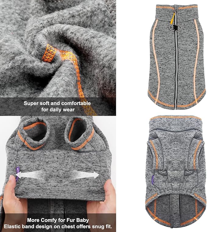 cyeollo Dog Sweater Coat Fleece Jacket Dog Clothes Reflective Zip Up Jackets with Dual D Ring Warm Winter Coat for Small Dogs, Grey Medium
