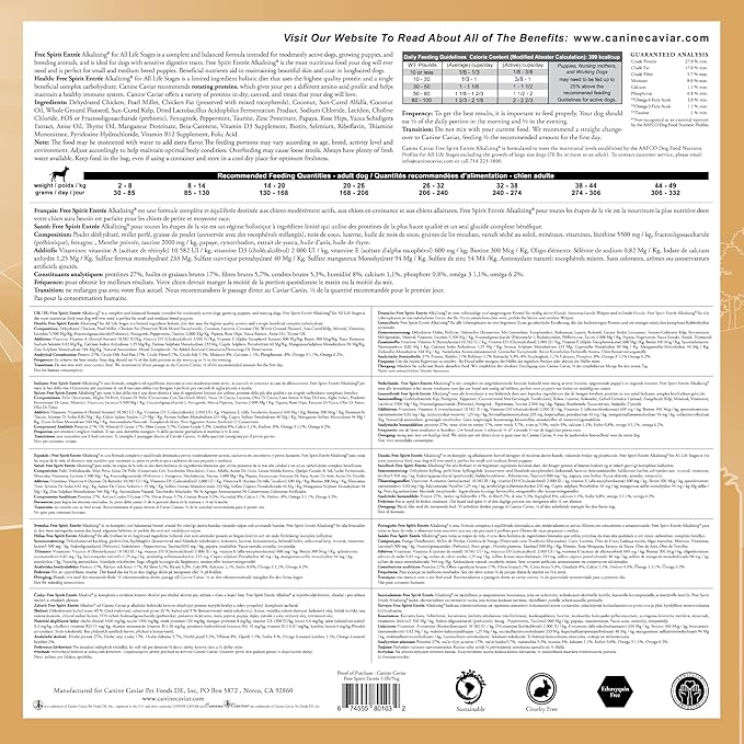 Canine Caviar - Free Spirit: Chicken & Pearl Millet Alkaline Dry Dog Food, Limited Ingredients, Gluten-Free, Based on Science & Research, Veterinary Alternative Diet (11 Pound Bag)