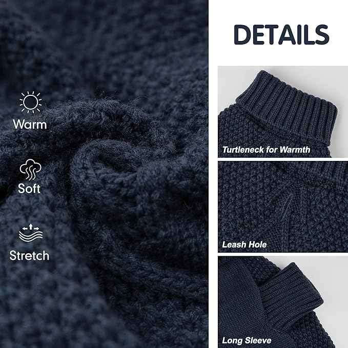 cyeollo Dog Sweaters for Small Dogs Boy, Pullover Turtleneck for Dogs Male, Knitted Doggy Fall Winter Warm Cold Weather Dog Clothes Apparel with Sleeves, Navy L