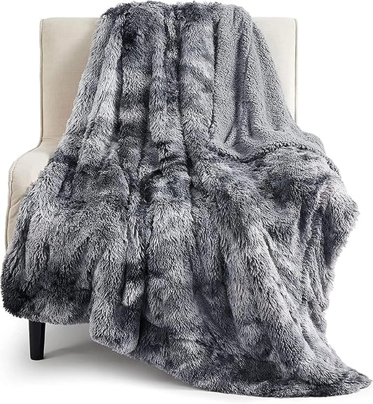Bedsure GentleSoft Fuzzy Faux Fur Sherpa Fleece Blanket Twin Size, Plush Thick Warm Twin Blanket for Bed, College Dorm Essentials Gifts for Girls Boys, Tie Dye Grey Decor for Winter, 60x80