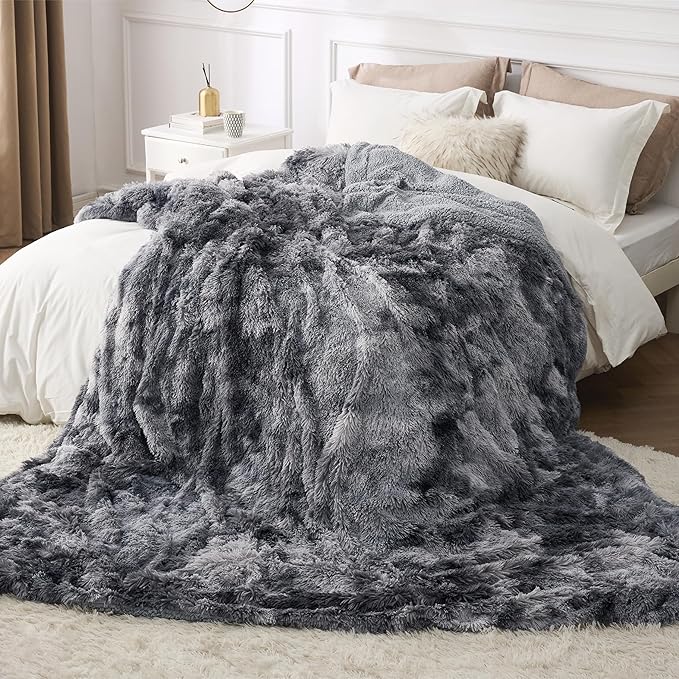 Bedsure GentleSoft Fluffy Sherpa Fleece Faux Fur Blankets Queen Size for Bed, Bedroom Decor Winter Bedding Thick Warm Full Queen Blankets, Fuzzy Plush Soft Heavy Mink Cozy Gifts, Tie Dye Grey, 90x90