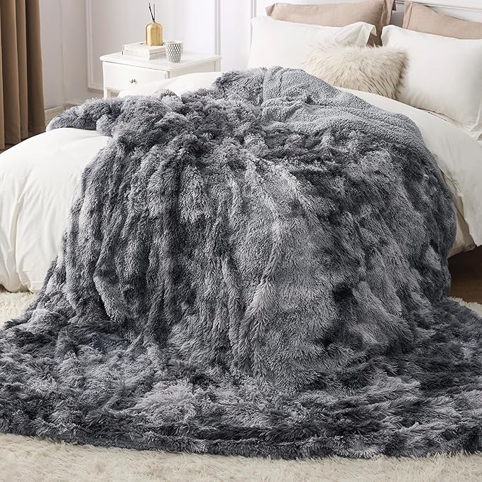 Bedsure GentleSoft Fluffy King Size Blanket for Bed, Faux Fur Fuzzy Minky Couture Warm Blanket for Winter, Thick Plush Sherpa Fleece Oversized Winter Bedding Cozy Gifts for Room, 108x90, Tie Dye Grey